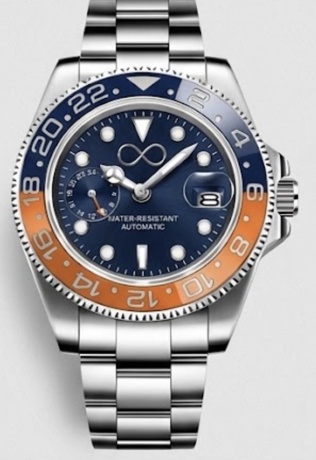 Meridian GMT with two-tone blue and orange bezel and metallic blue dial