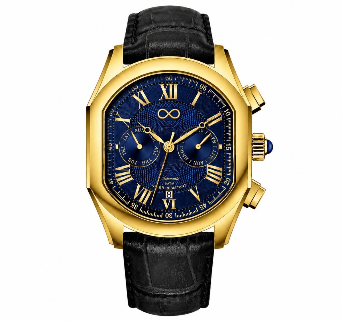 Atelier Calendar with gold case, blue guilloché dial and day-month sub-dials