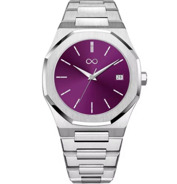 Integrated Purple with vibrant purple sunburst dial and brushed steel case
